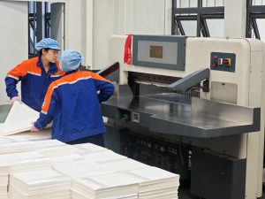 Skilled workers operating paper cutting machine in coffee filter factory